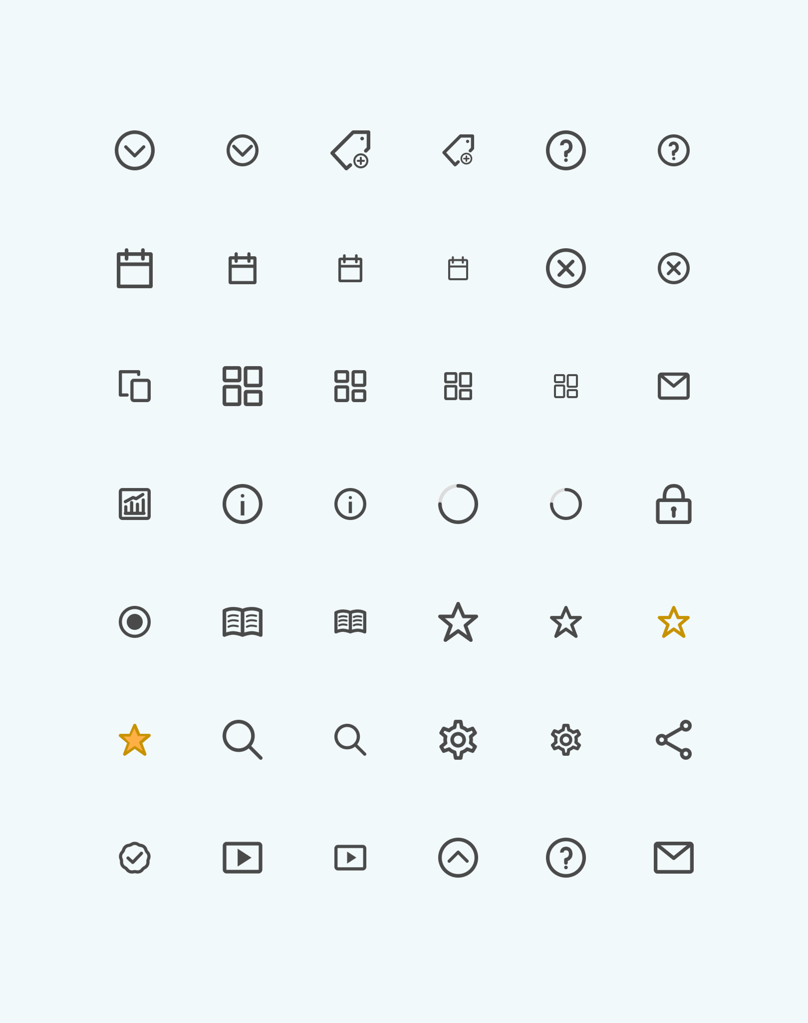 Supplied icon library showing navigation, actions and status symbols in multiple sizes