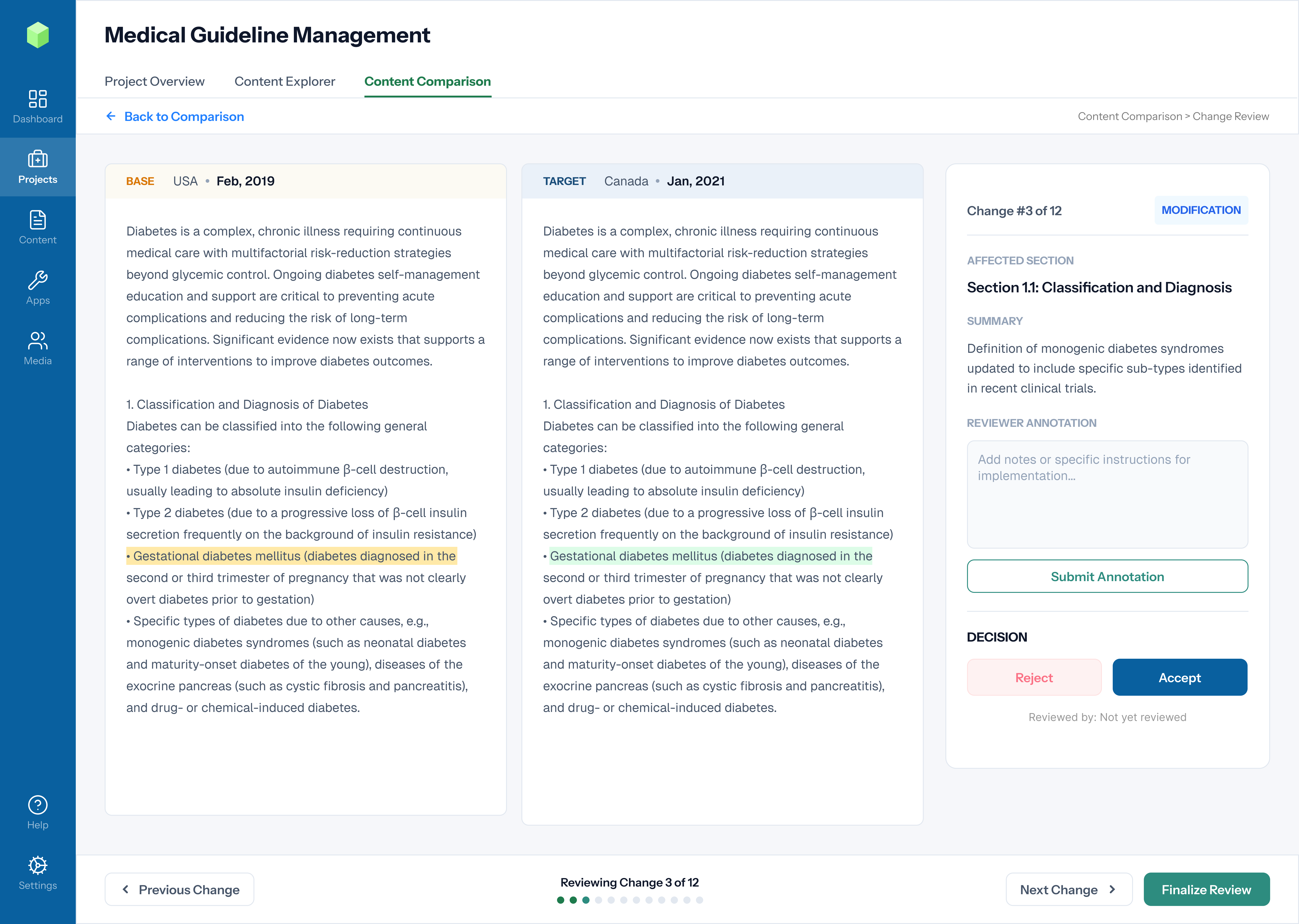 Supplied change review project screen