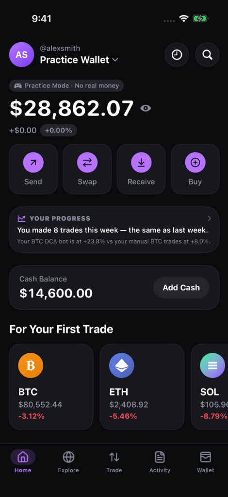BitcoBit Practice Wallet screen