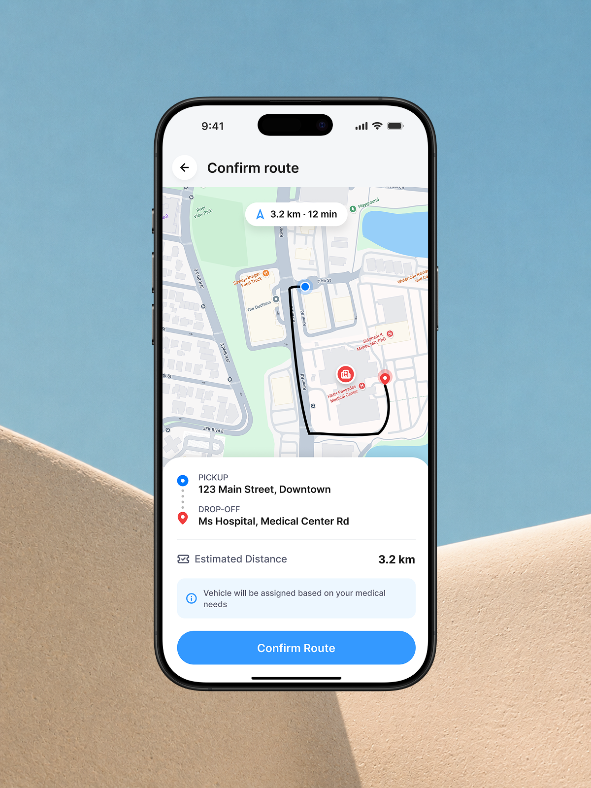 Paratransit rider booking app — confirm route screen