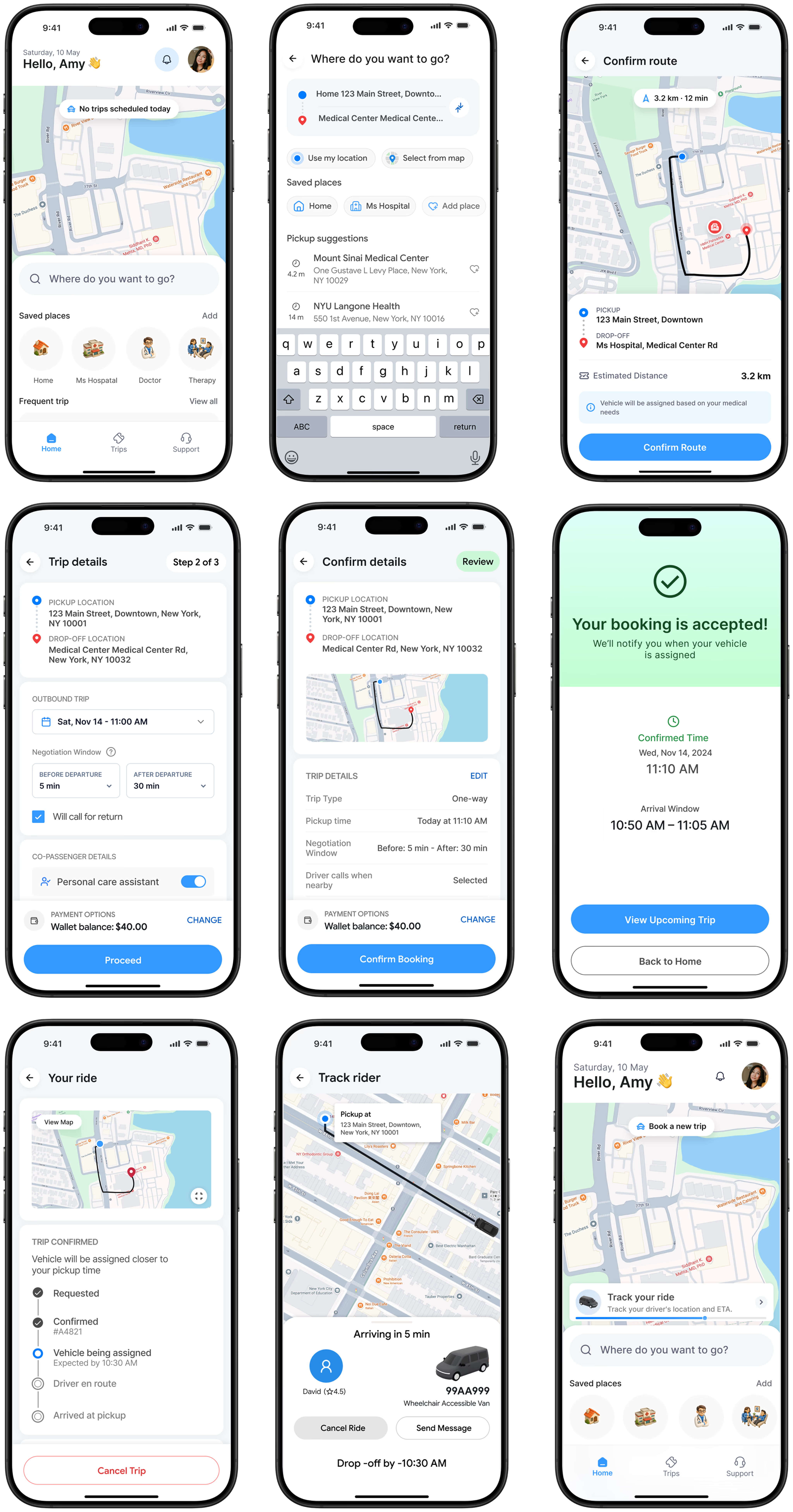 Final redesigned screens — booking, trip details, confirmation and tracking