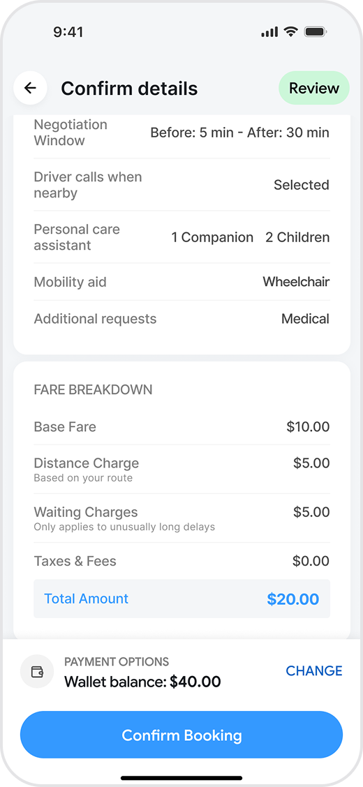 After — itemised fare breakdown with wallet balance