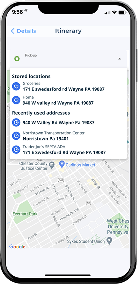 Legacy address selection screen with stored and recently used addresses