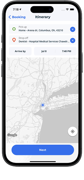 Legacy itinerary screen — map shows only a GPS dot