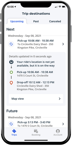 Legacy trip destinations screen — ride location not yet available